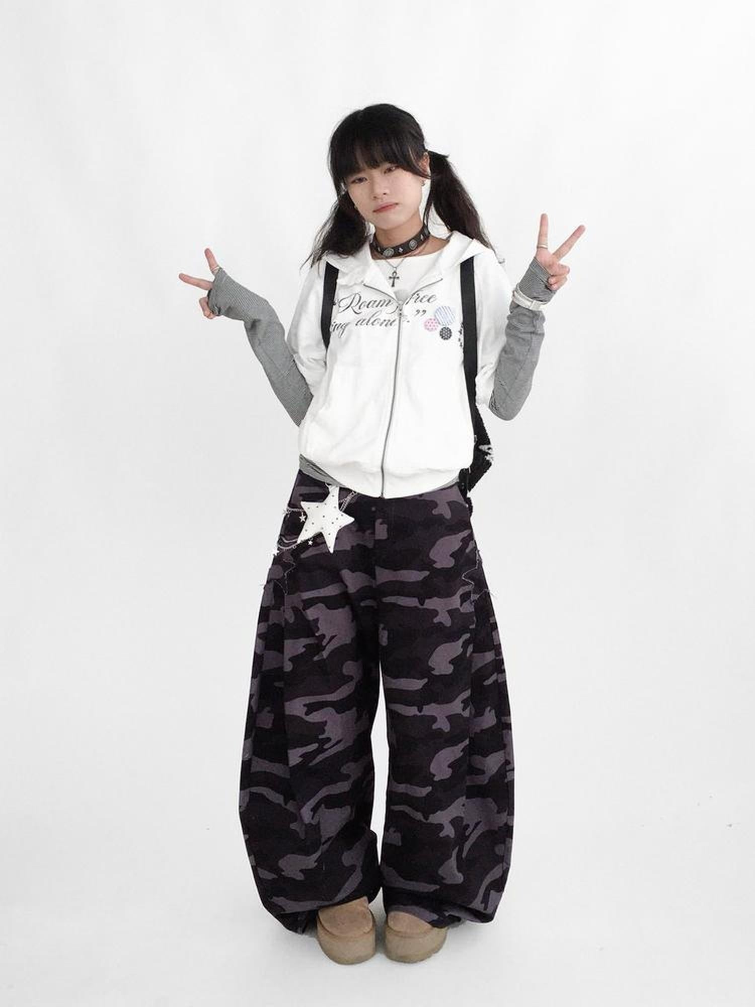 innomoood 100% Cotton Loose Curved Leg Patch Detail Unisex Mist Purple Camo Pants