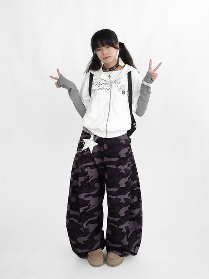 innomoood 100% Cotton Loose Curved Leg Patch Detail Unisex Mist Purple Camo Pants