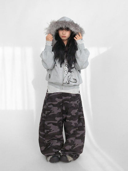 innomoood 100% Cotton Loose Curved Leg Patch Detail Unisex Mist Purple Camo Pants