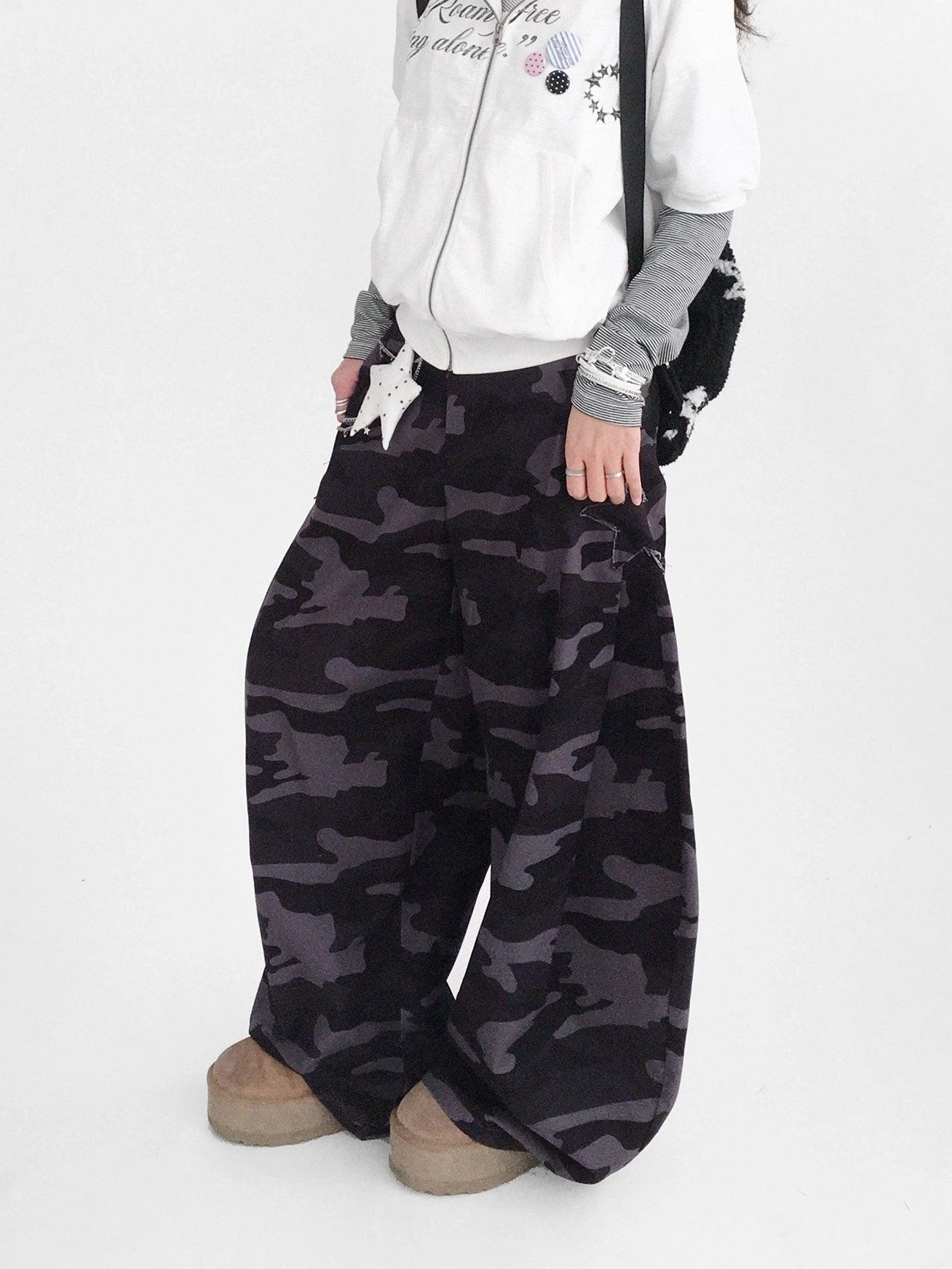 innomoood 100% Cotton Loose Curved Leg Patch Detail Unisex Mist Purple Camo Pants