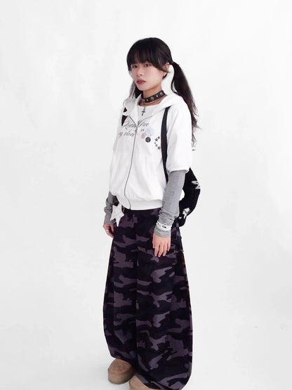 innomoood 100% Cotton Loose Curved Leg Patch Detail Unisex Mist Purple Camo Pants