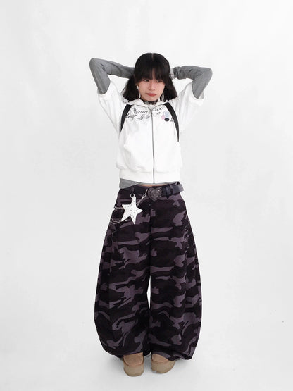 innomoood 100% Cotton Loose Curved Leg Patch Detail Unisex Mist Purple Camo Pants