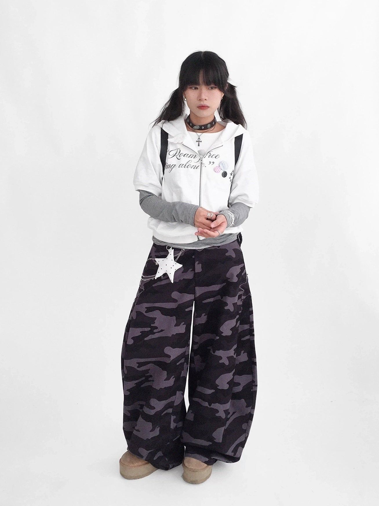 innomoood 100% Cotton Loose Curved Leg Patch Detail Unisex Mist Purple Camo Pants
