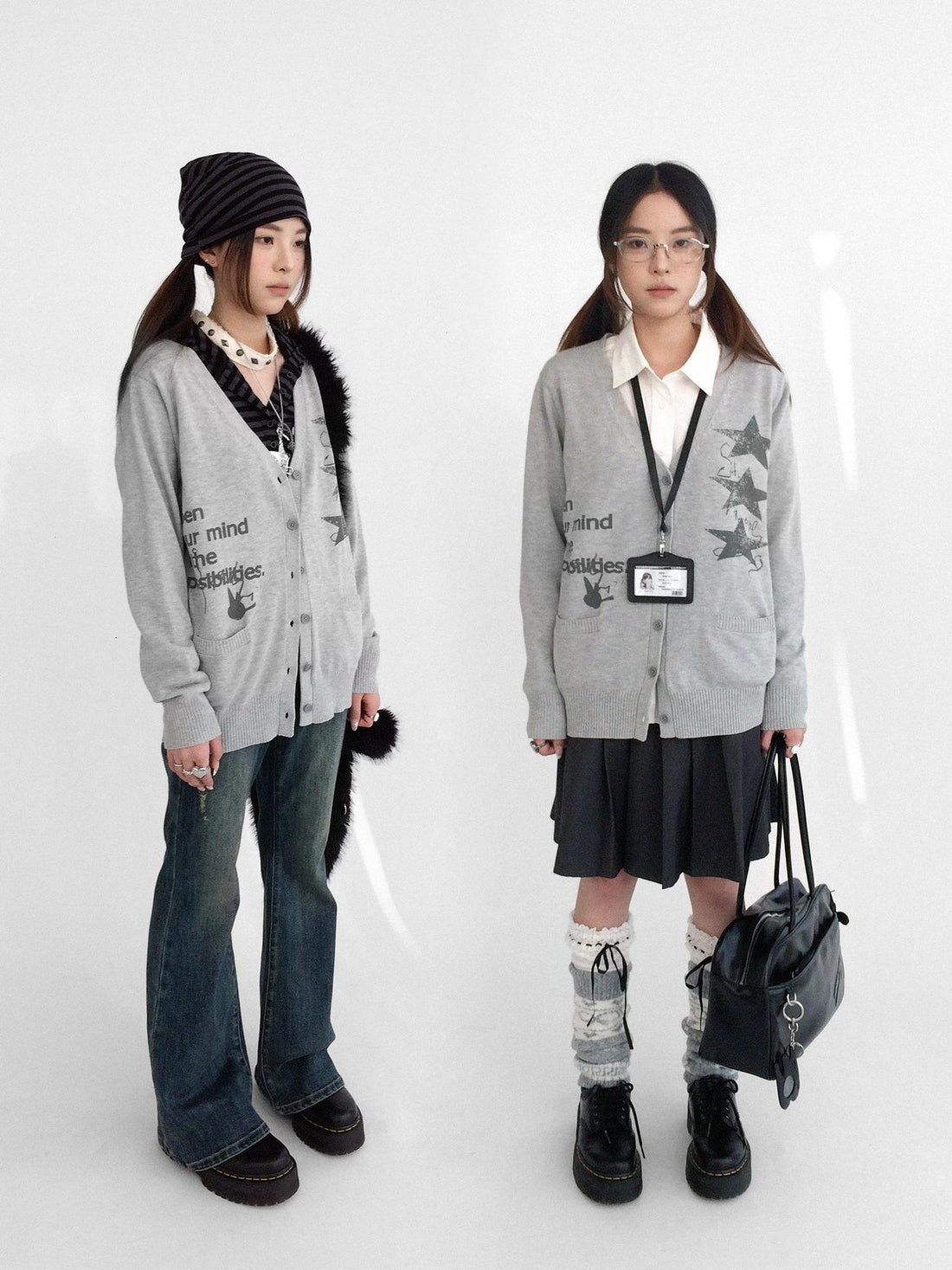 innomoood 100% Cotton Loose Fit Cartoon Print V Neck Workwear Women Casual Cardigans