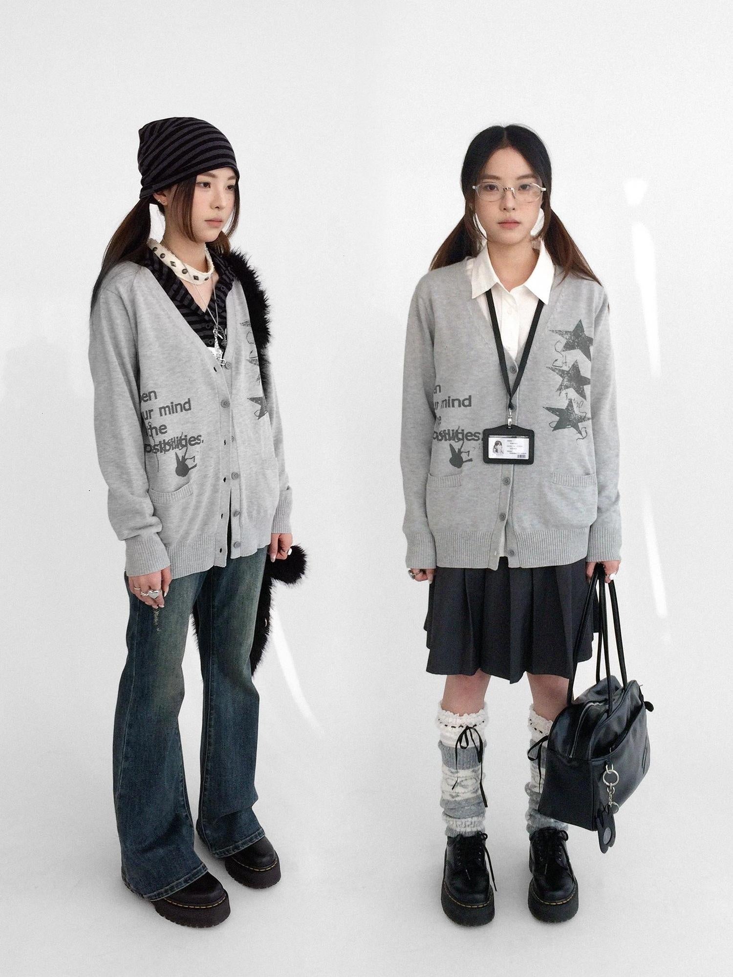 innomoood 100% Cotton Loose Fit Cartoon Print V Neck Workwear Women Casual Cardigans