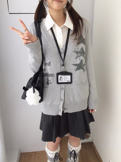 innomoood 100% Cotton Loose Fit Cartoon Print V Neck Workwear Women Casual Cardigans