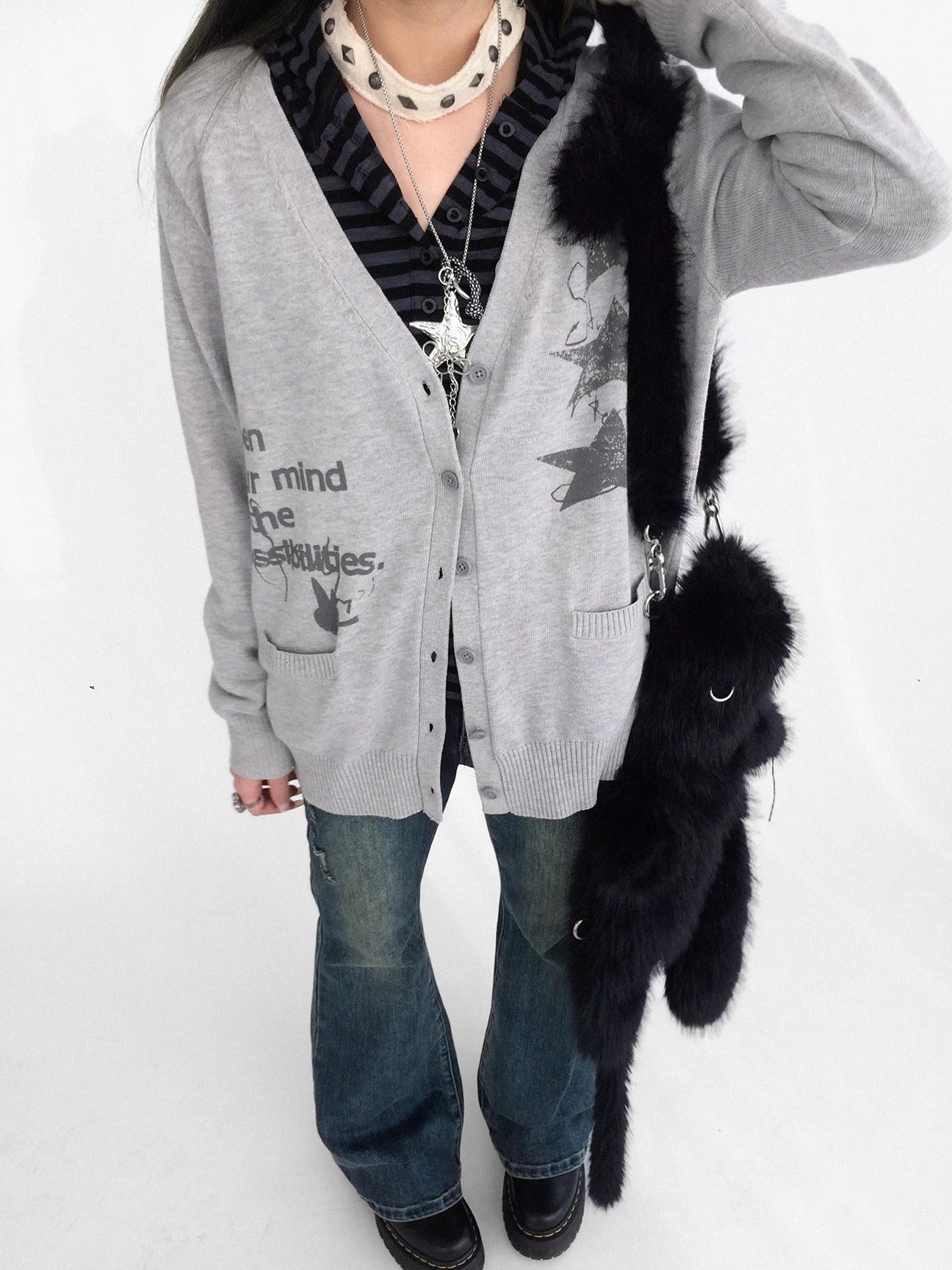 innomoood 100% Cotton Loose Fit Cartoon Print V Neck Workwear Women Casual Cardigans