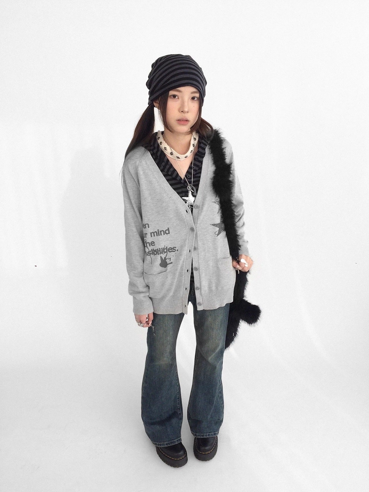 innomoood 100% Cotton Loose Fit Cartoon Print V Neck Workwear Women Casual Cardigans