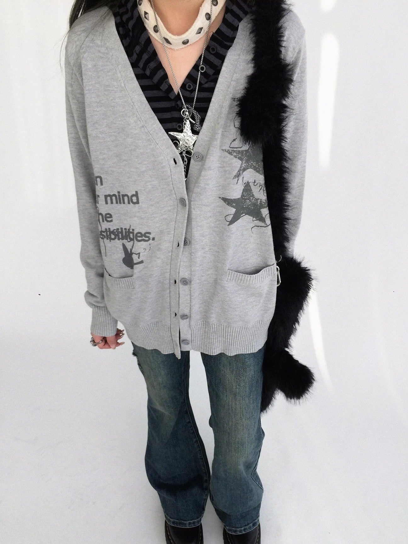 innomoood 100% Cotton Loose Fit Cartoon Print V Neck Workwear Women Casual Cardigans