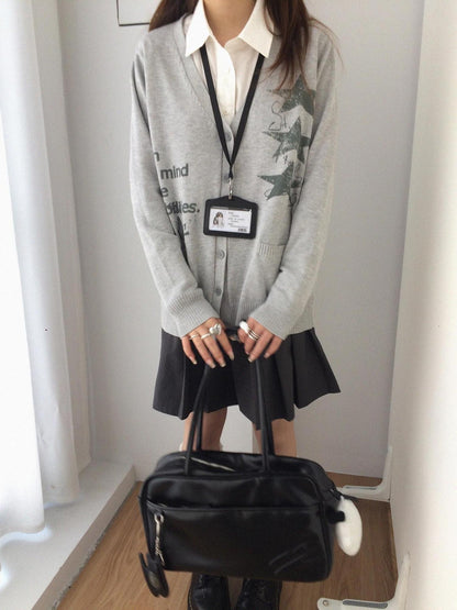 innomoood 100% Cotton Loose Fit Cartoon Print V Neck Workwear Women Casual Cardigans