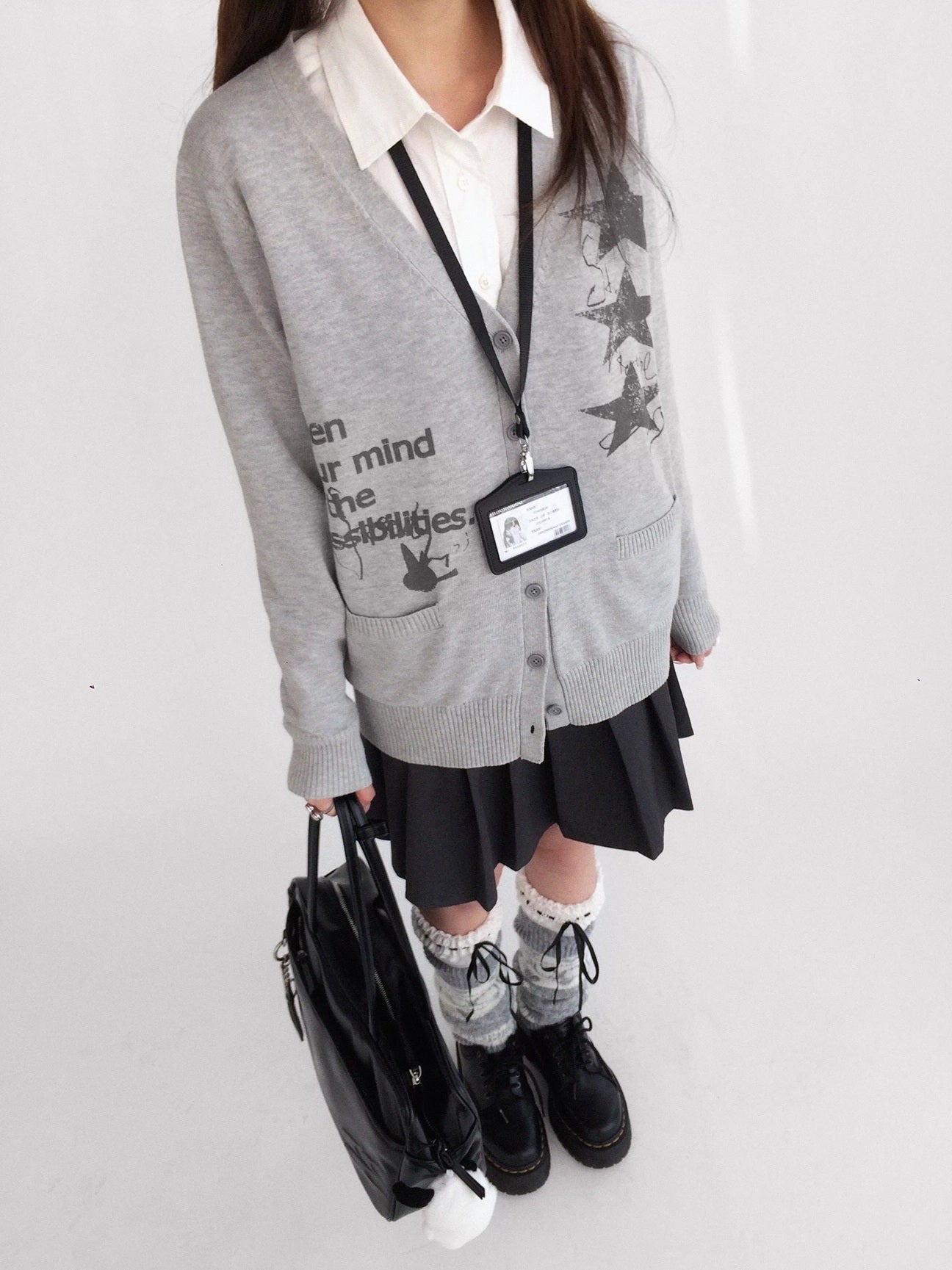 innomoood 100% Cotton Loose Fit Cartoon Print V Neck Workwear Women Casual Cardigans