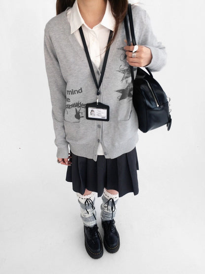 innomoood 100% Cotton Loose Fit Cartoon Print V Neck Workwear Women Casual Cardigans