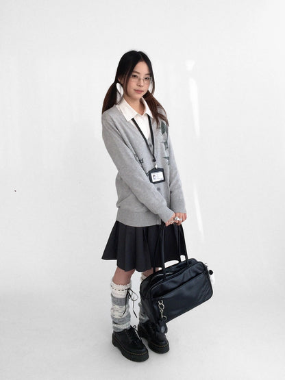 innomoood 100% Cotton Loose Fit Cartoon Print V Neck Workwear Women Casual Cardigans