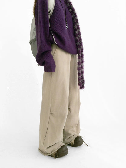 innomoood 100 Percent Cotton Commuter Wide Leg Raw Hem Elastic Waist Women Pants