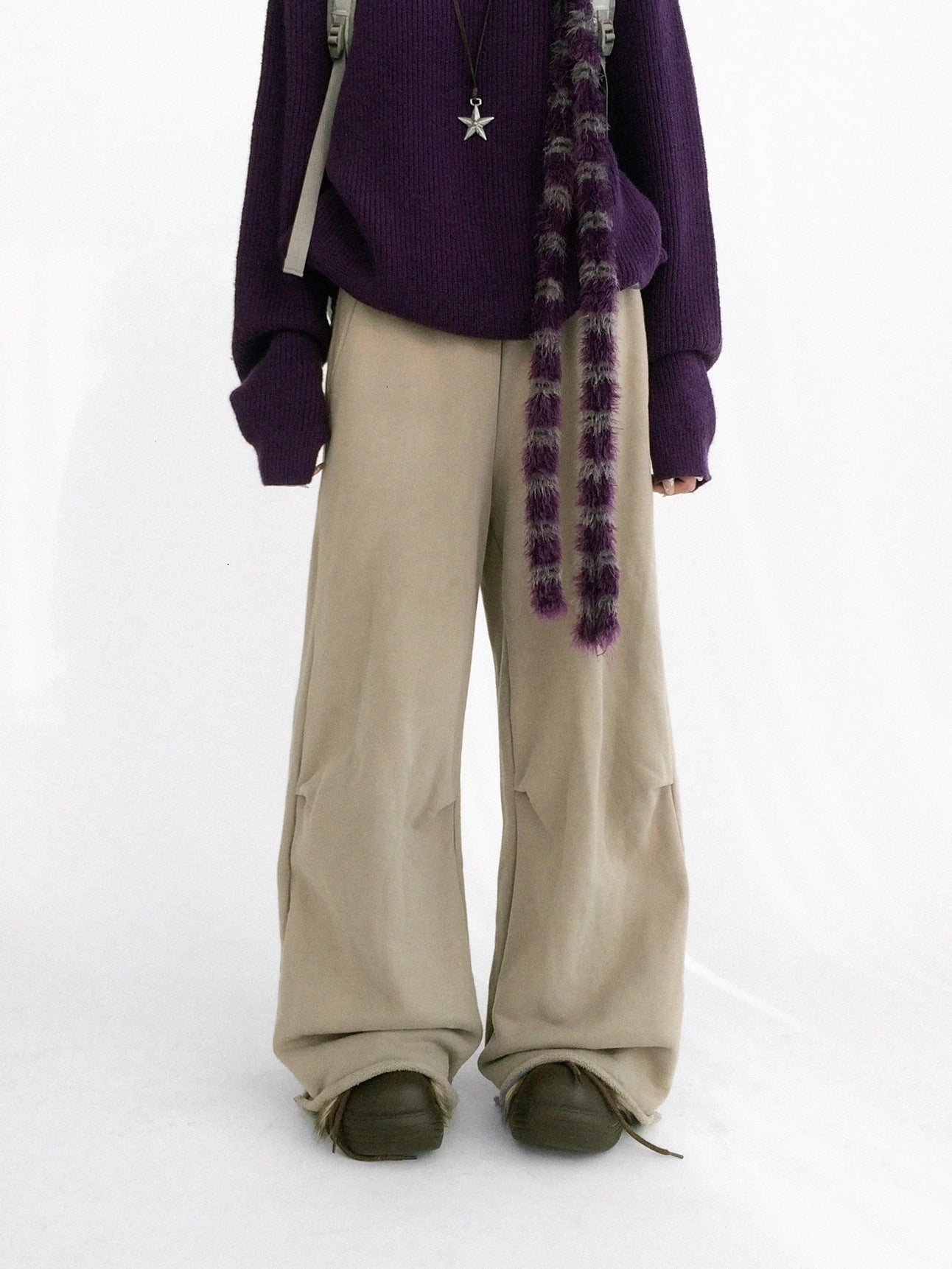 innomoood 100 Percent Cotton Commuter Wide Leg Raw Hem Elastic Waist Women Pants