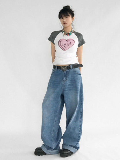 innomoood 3D Heart Digital Print Fitted Crop Tee Y2K