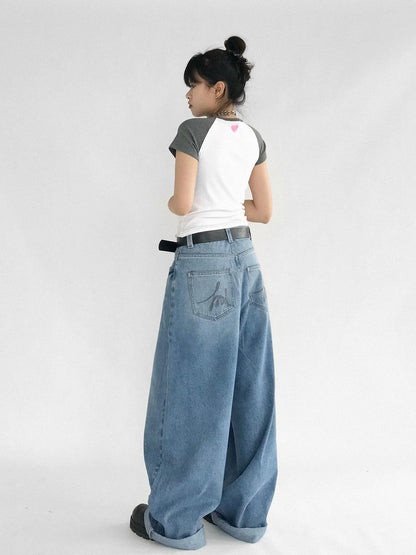 3D Heart Digital Print Fitted Crop Tee Y2K