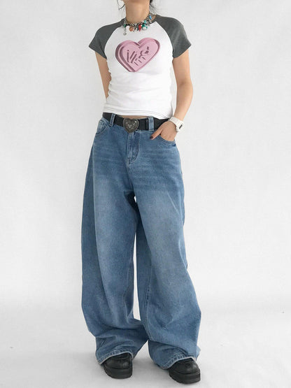 innomoood 3D Heart Digital Print Fitted Crop Tee Y2K