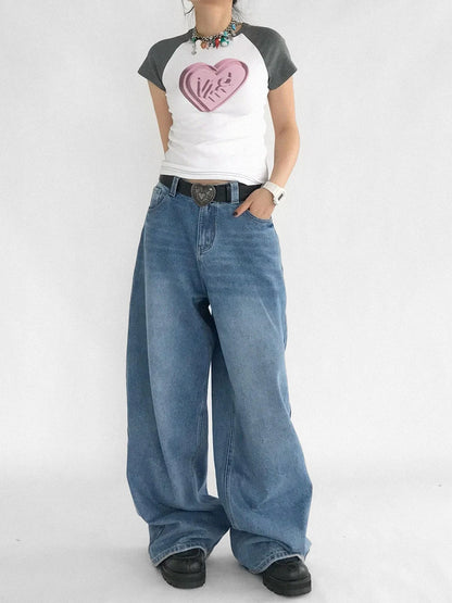 3D Heart Digital Print Fitted Crop Tee Y2K