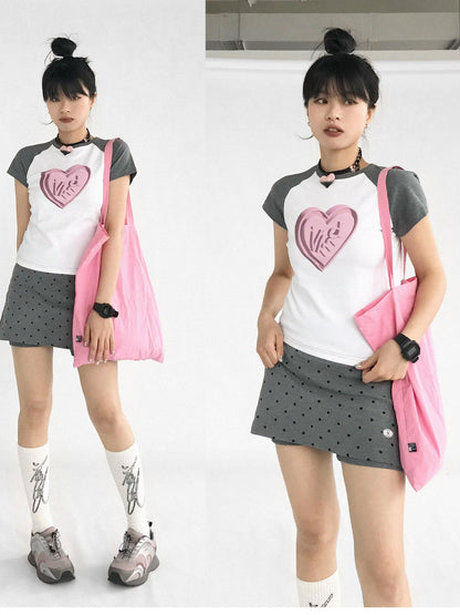 innomoood 3D Heart Digital Print Fitted Crop Tee Y2K