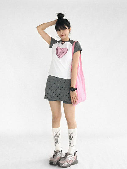 innomoood 3D Heart Digital Print Fitted Crop Tee Y2K