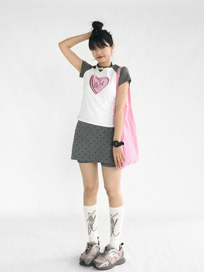 3D Heart Digital Print Fitted Crop Tee Y2K