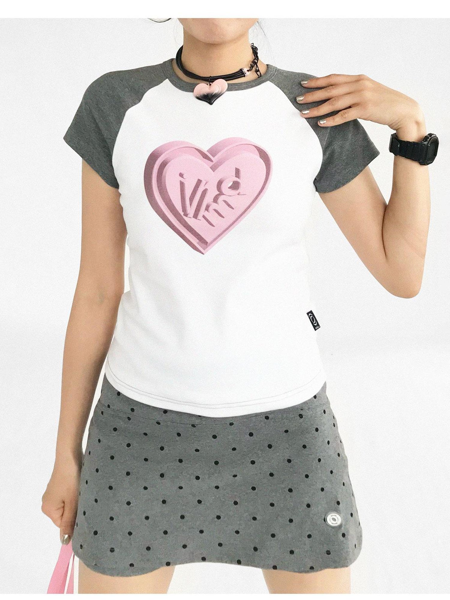 innomoood 3D Heart Digital Print Fitted Crop Tee Y2K