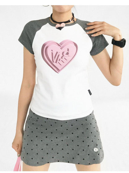 3D Heart Digital Print Fitted Crop Tee Y2K