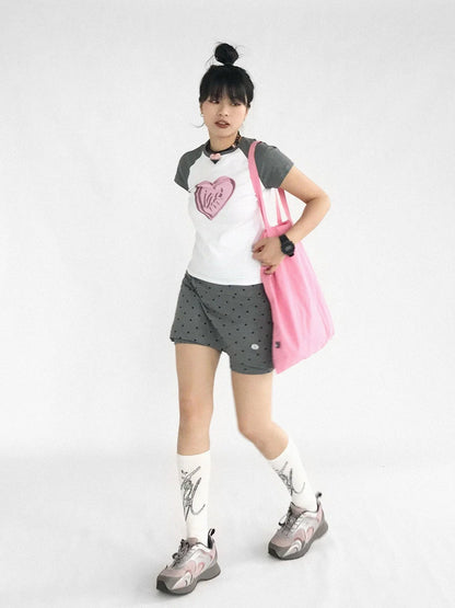 3D Heart Digital Print Fitted Crop Tee Y2K