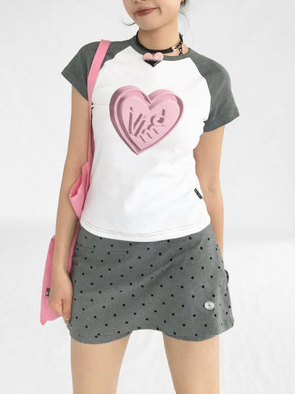 innomoood 3D Heart Digital Print Fitted Crop Tee Y2K
