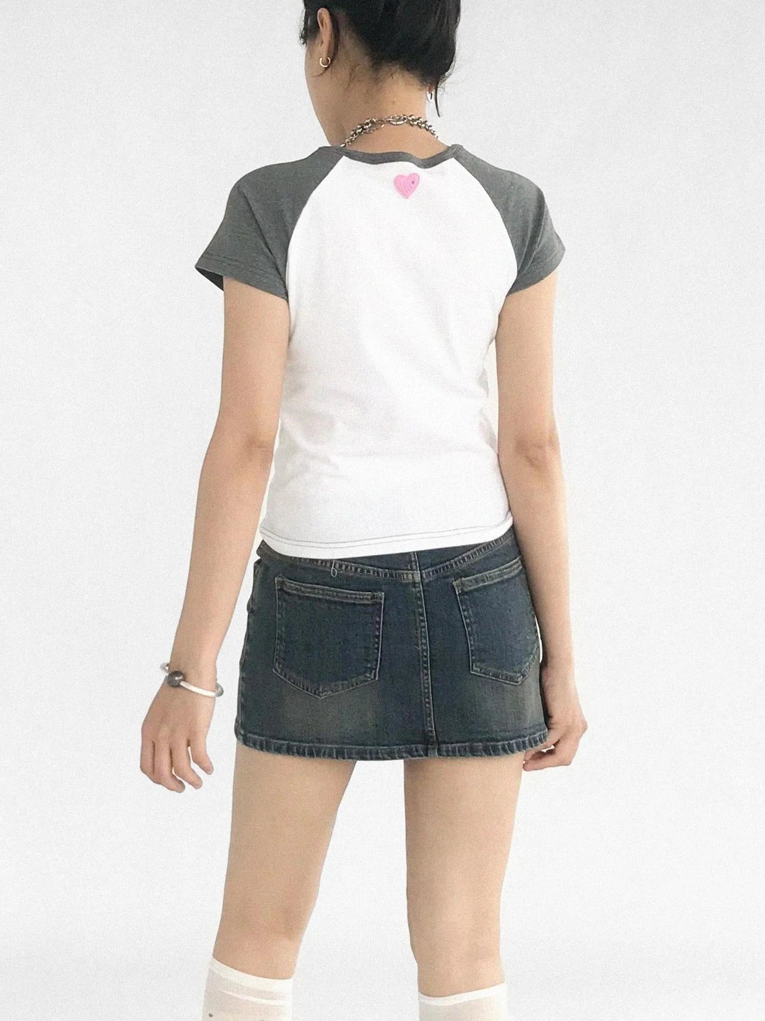 3D Heart Digital Print Fitted Crop Tee Y2K