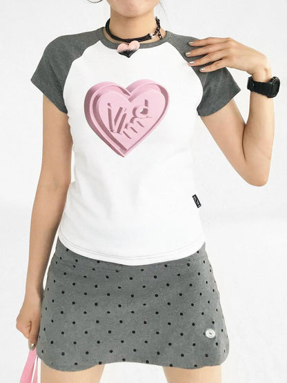 3D Heart Digital Print Fitted Crop Tee Y2K