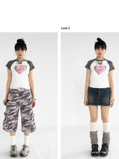 3D Heart Digital Print Fitted Crop Tee Y2K