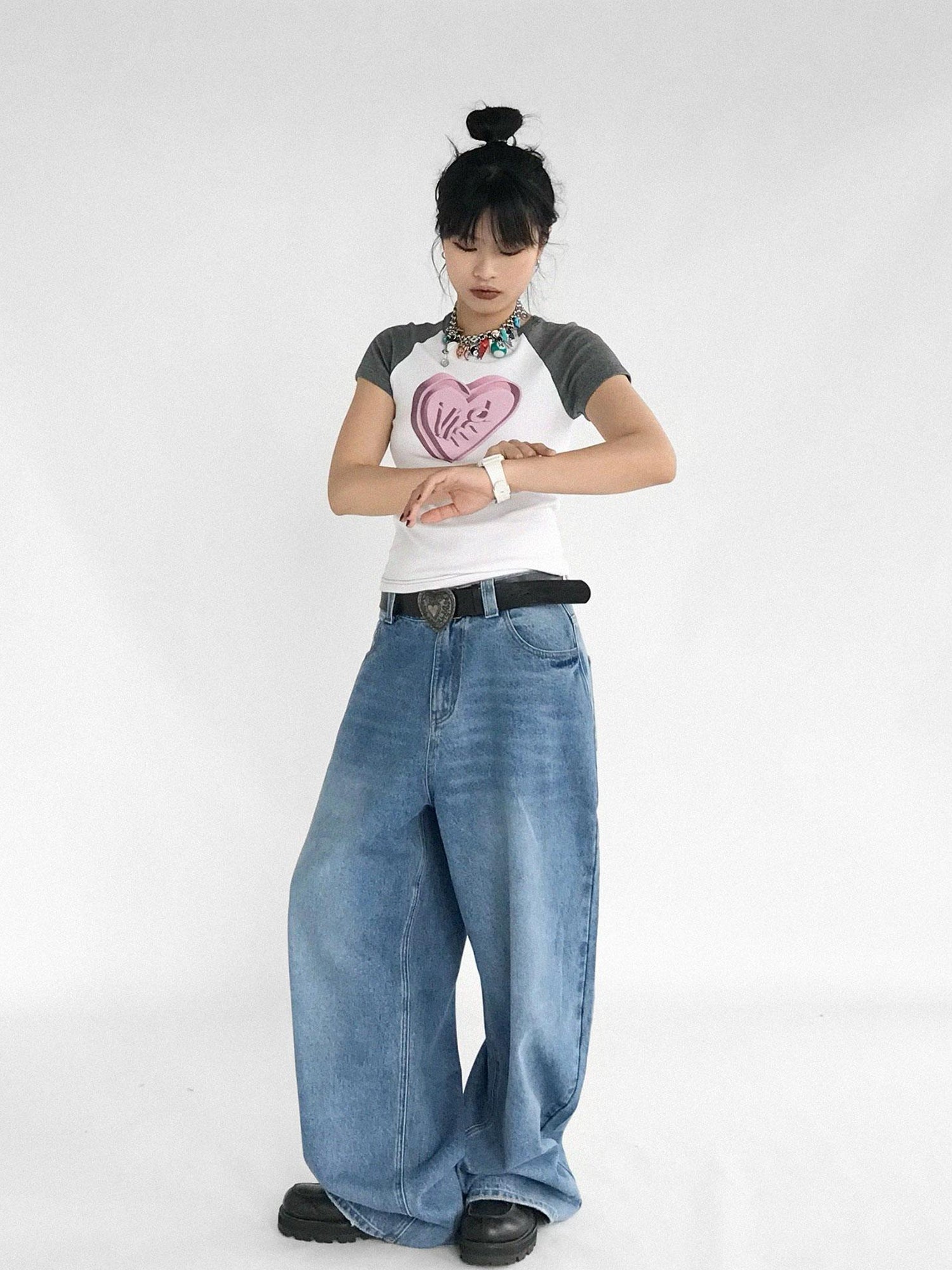 innomoood 3D Heart Digital Print Fitted Crop Tee Y2K