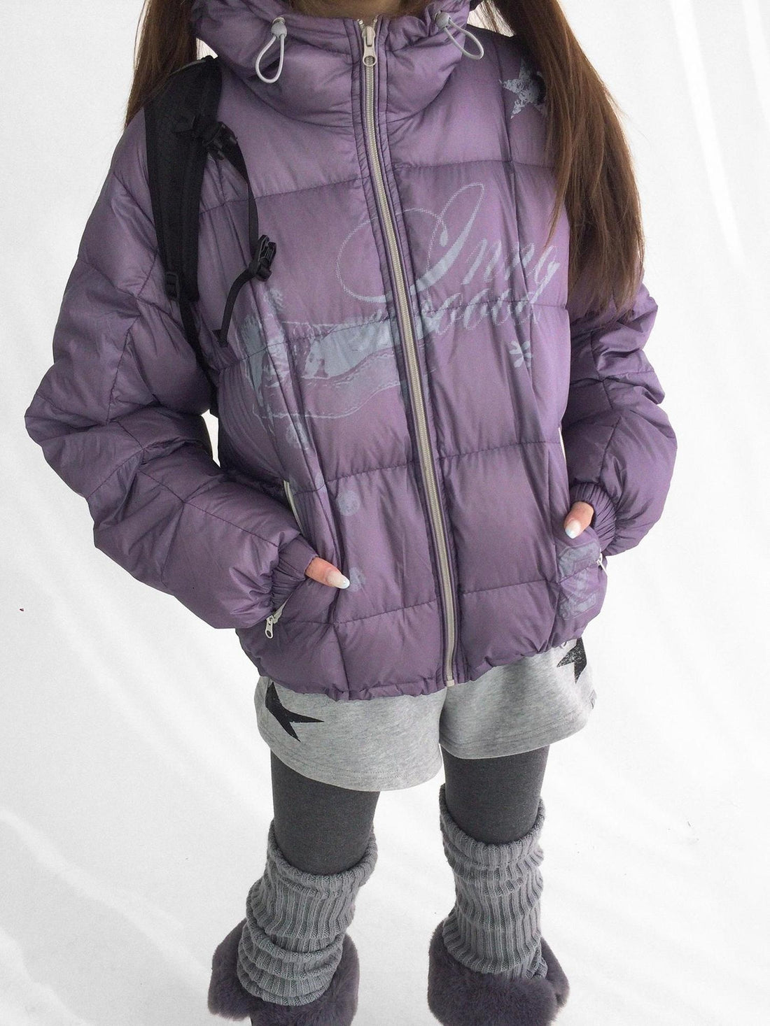 innomoood 90 Percent White Duck Down Printed Loose Hooded Short Zipper Women Down Jacket