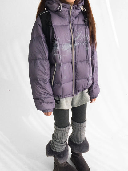 innomoood 90 Percent White Duck Down Printed Loose Hooded Short Zipper Women Down Jacket