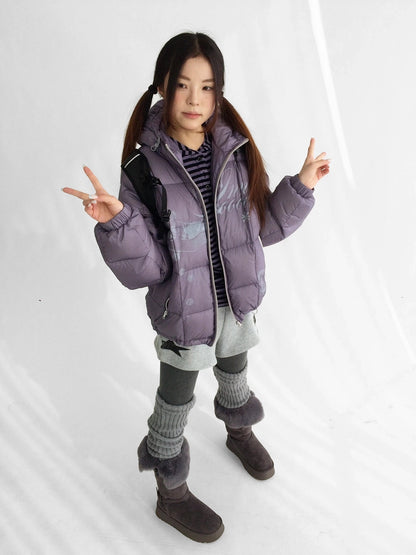 innomoood 90 Percent White Duck Down Printed Loose Hooded Short Zipper Women Down Jacket