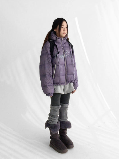 innomoood 90 Percent White Duck Down Printed Loose Hooded Short Zipper Women Down Jacket