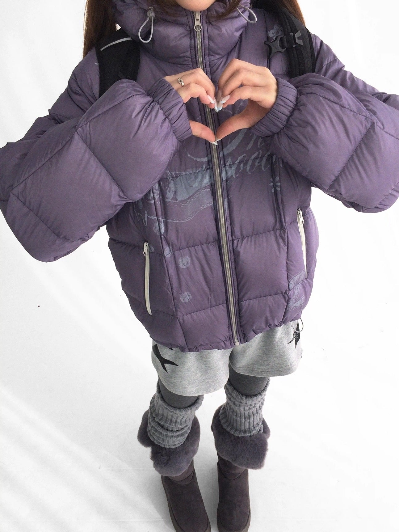 innomoood 90 Percent White Duck Down Printed Loose Hooded Short Zipper Women Down Jacket