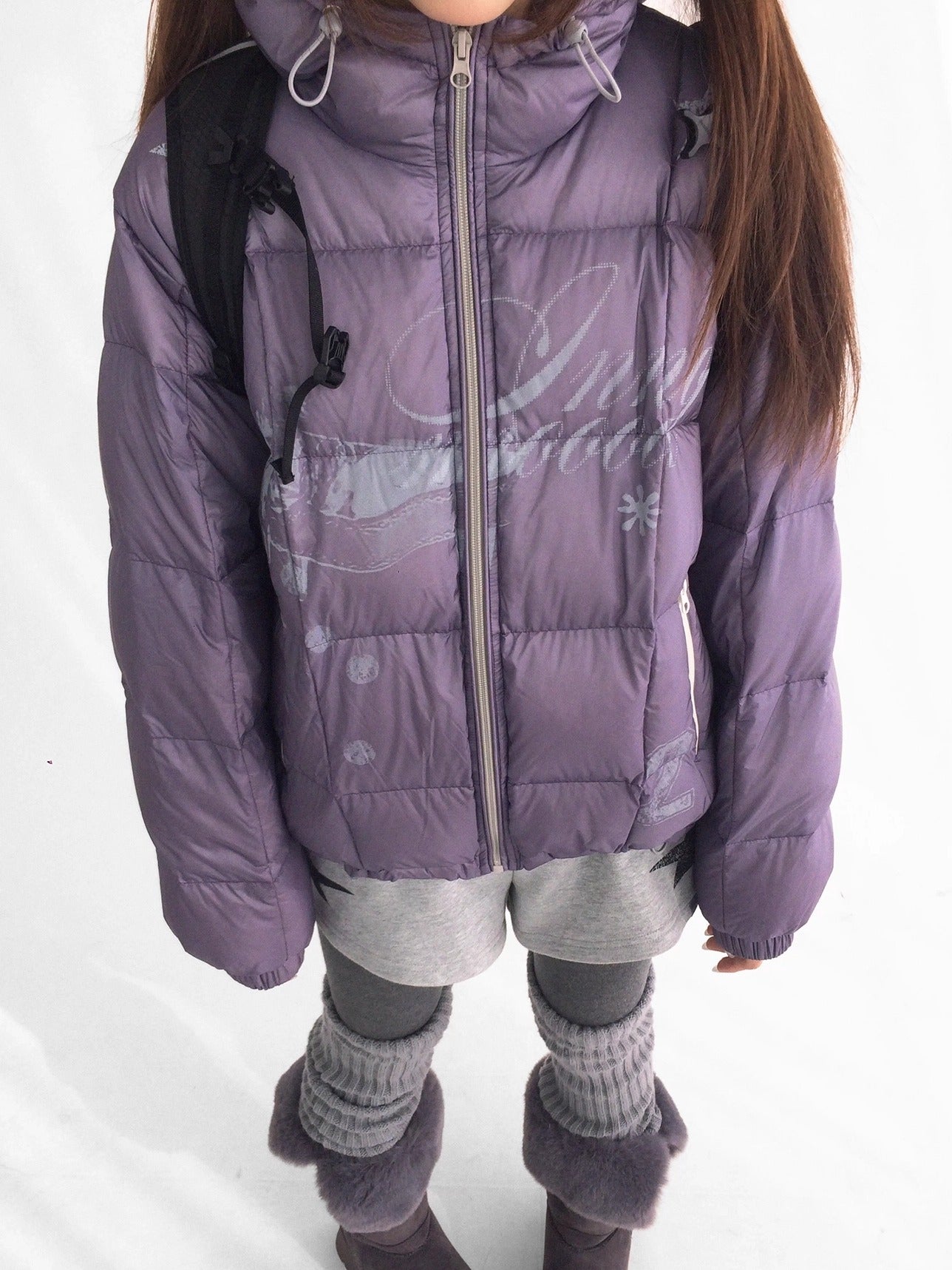 innomoood 90 Percent White Duck Down Printed Loose Hooded Short Zipper Women Down Jacket