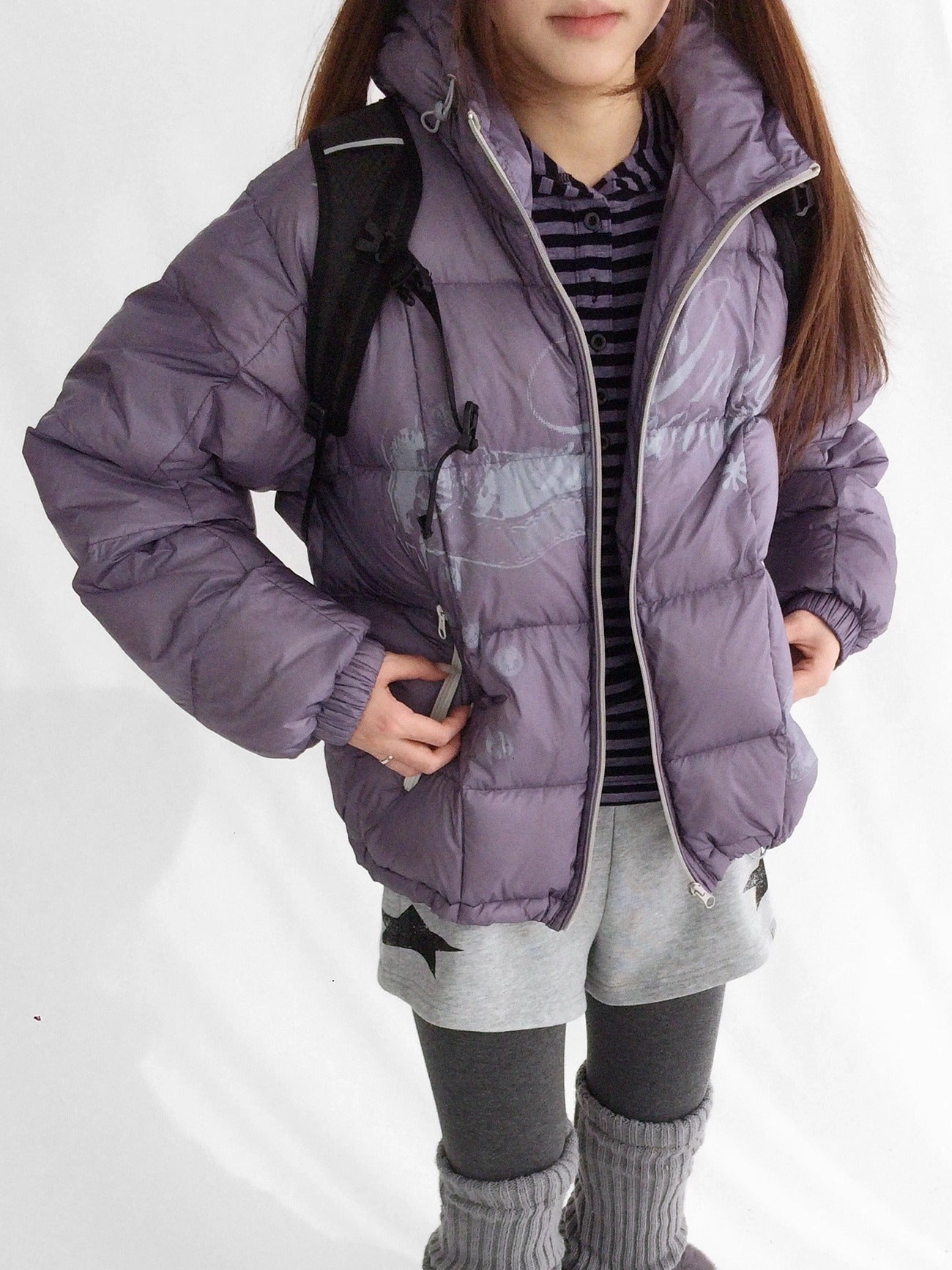 innomoood 90 Percent White Duck Down Printed Loose Hooded Short Zipper Women Down Jacket