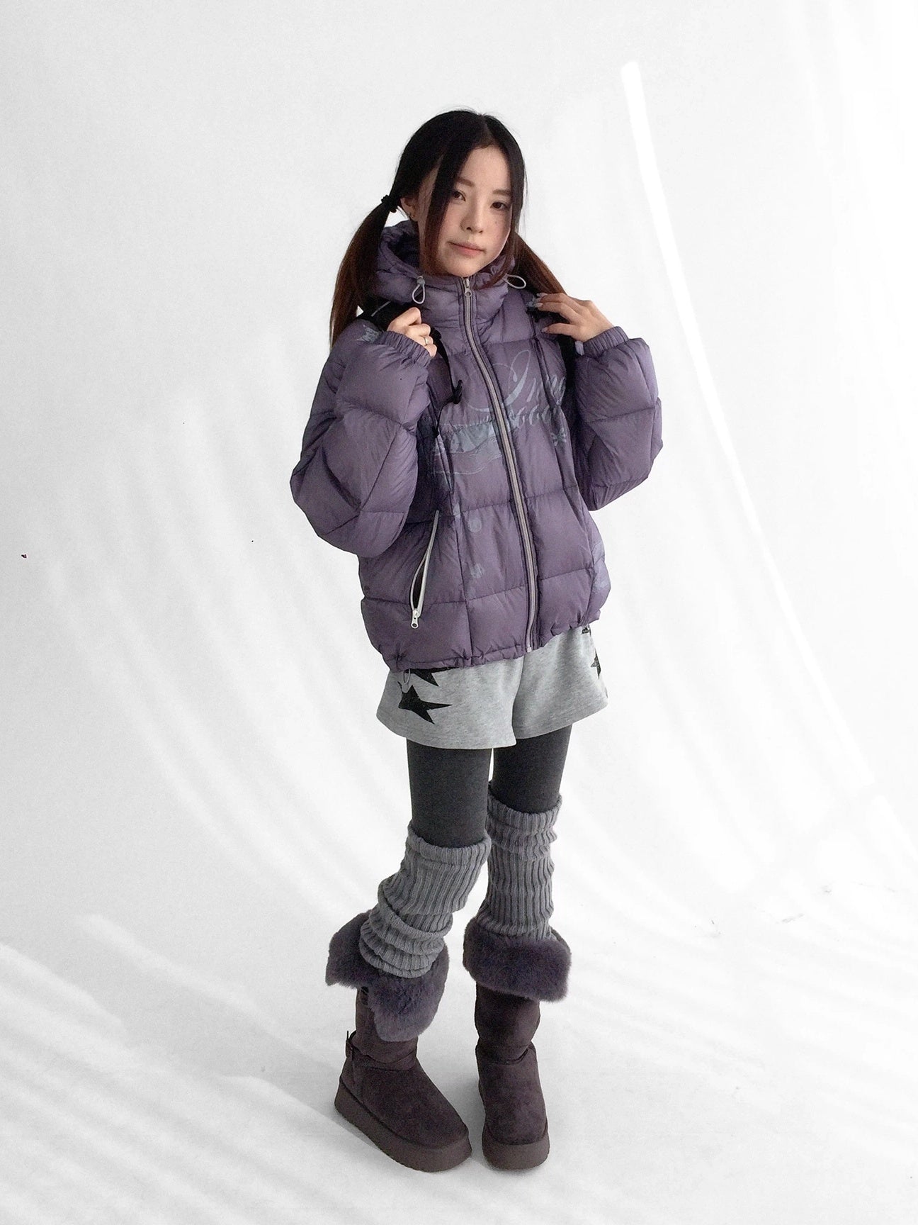 innomoood 90 Percent White Duck Down Printed Loose Hooded Short Zipper Women Down Jacket