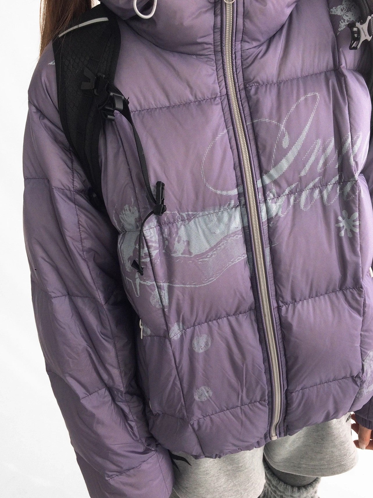 innomoood 90 Percent White Duck Down Printed Loose Hooded Short Zipper Women Down Jacket