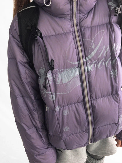 innomoood 90 Percent White Duck Down Printed Loose Hooded Short Zipper Women Down Jacket