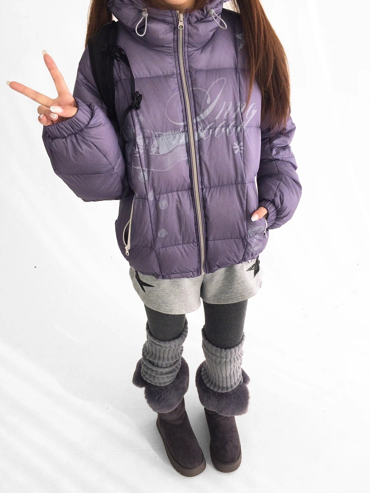 innomoood 90 Percent White Duck Down Printed Loose Hooded Short Zipper Women Down Jacket