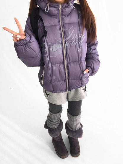 innomoood 90 Percent White Duck Down Printed Loose Hooded Short Zipper Women Down Jacket