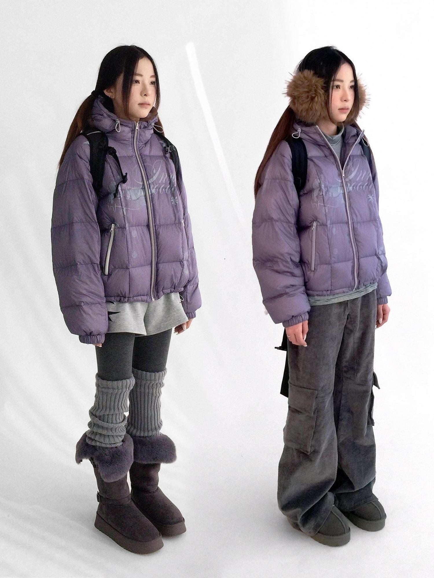 innomoood 90 Percent White Duck Down Printed Loose Hooded Short Zipper Women Down Jacket