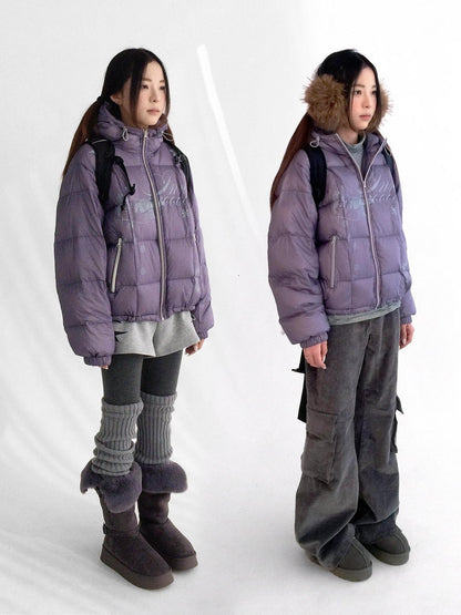 innomoood 90 Percent White Duck Down Printed Loose Hooded Short Zipper Women Down Jacket