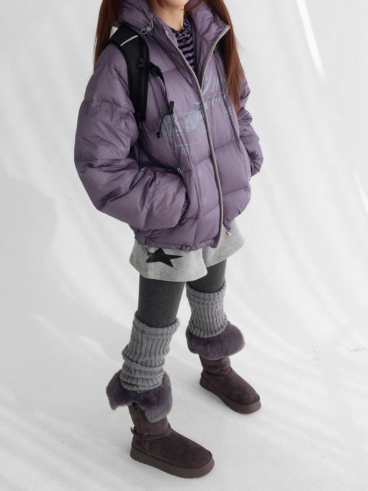 innomoood 90 Percent White Duck Down Printed Loose Hooded Short Zipper Women Down Jacket