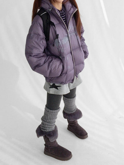 innomoood 90 Percent White Duck Down Printed Loose Hooded Short Zipper Women Down Jacket